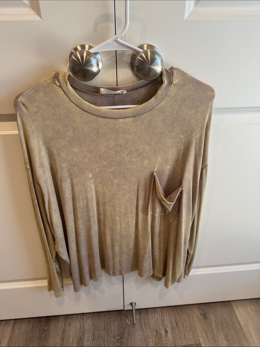 Zenana Outfitters Washed Pocket Long-Sleeve Top in Light Taupe